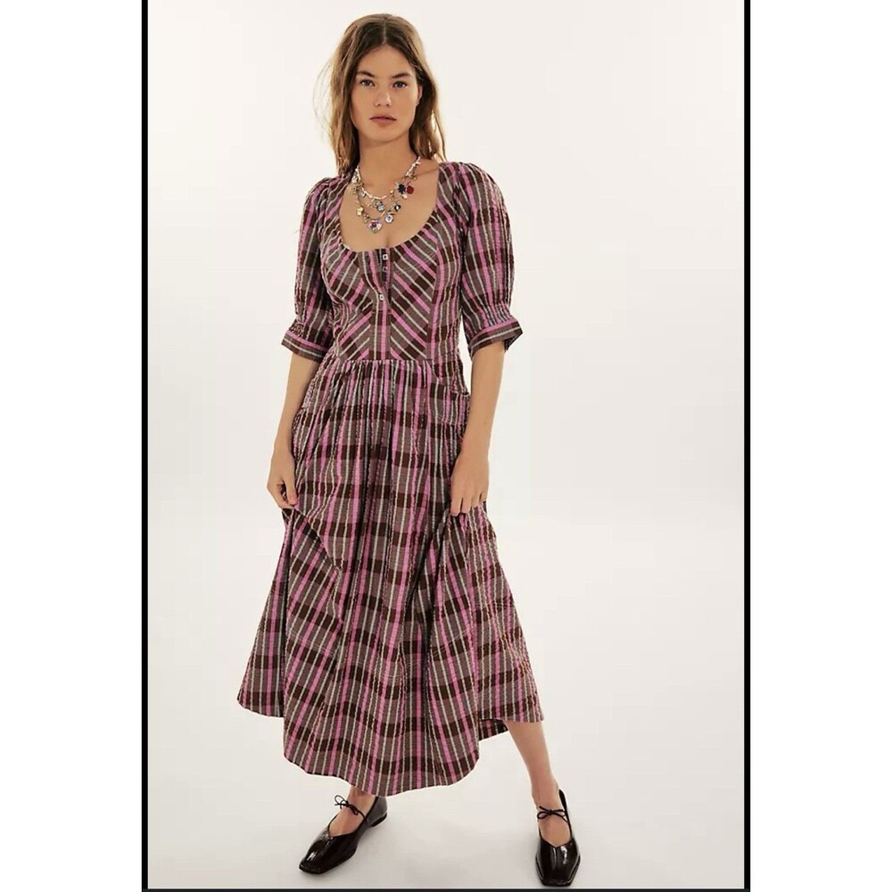 Free People Tulie Plaid Midi Dress Pink Brown Sz XS NWT